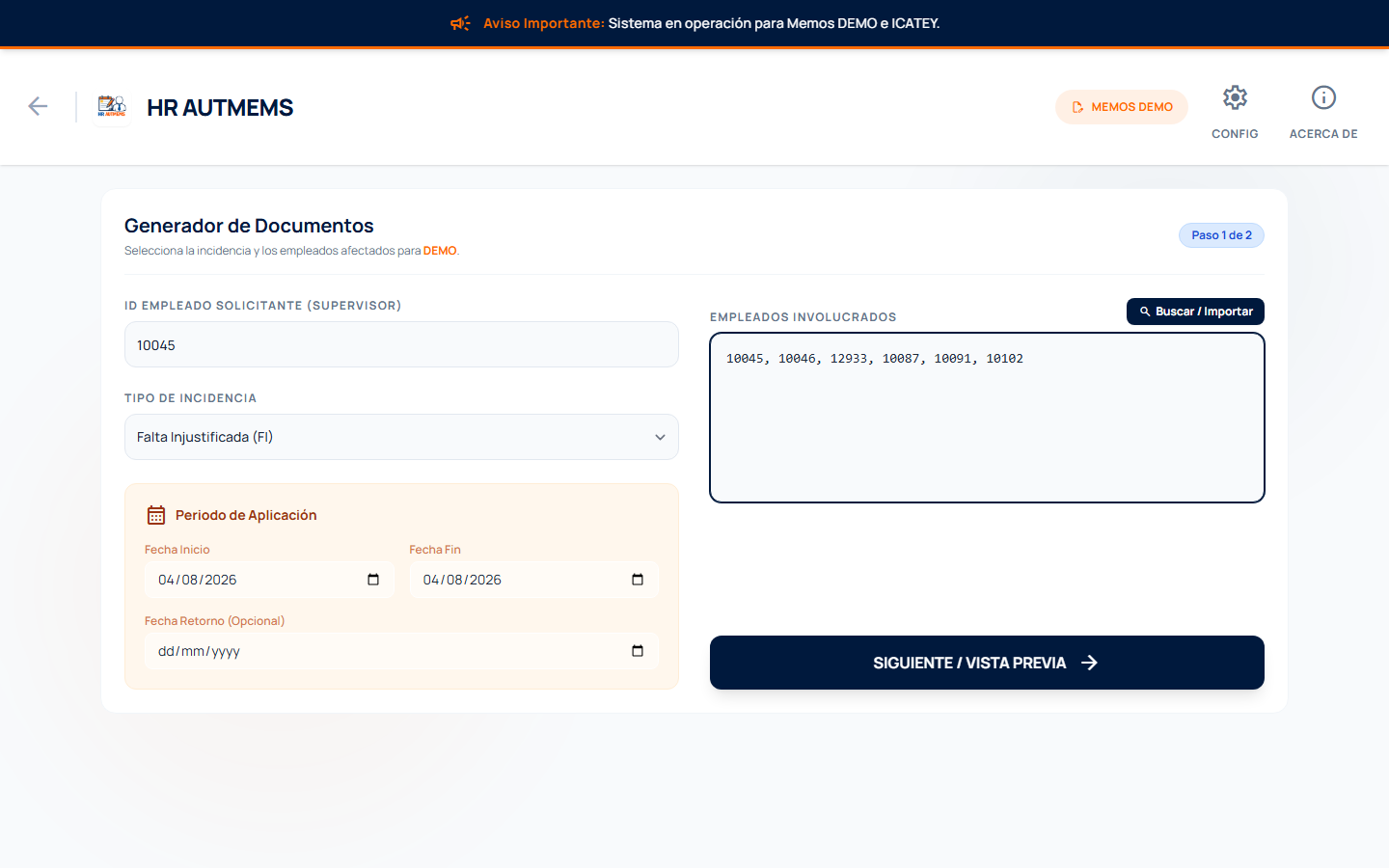 Generador de documentos de HR AUTMEMS con alta masiva de empleados