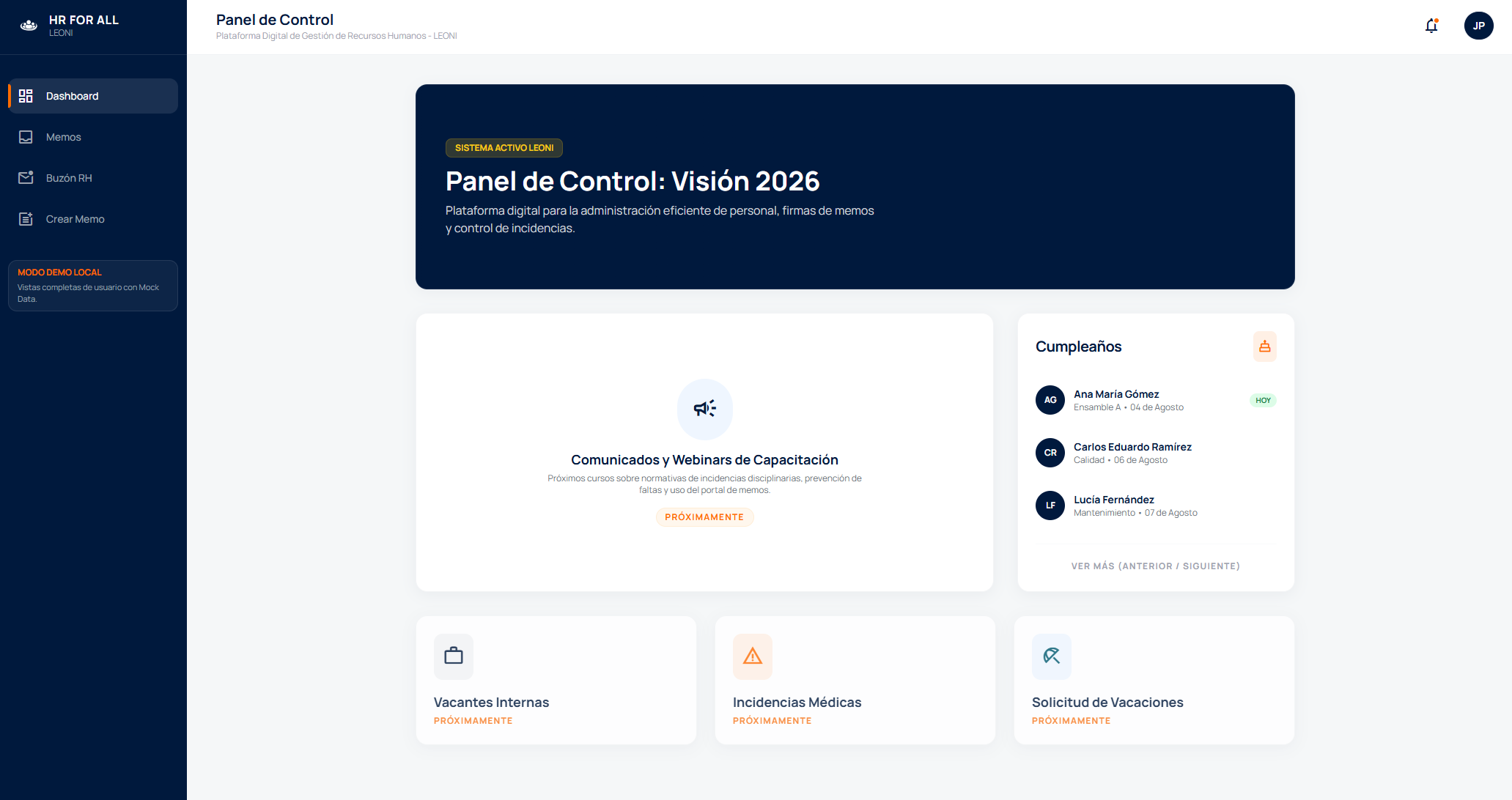 Panel de Control de HR For All con cumpleaños y comunicados