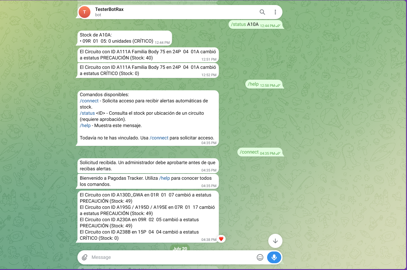 Bot de Telegram de Pagodas Tracker con alertas de stock crítico