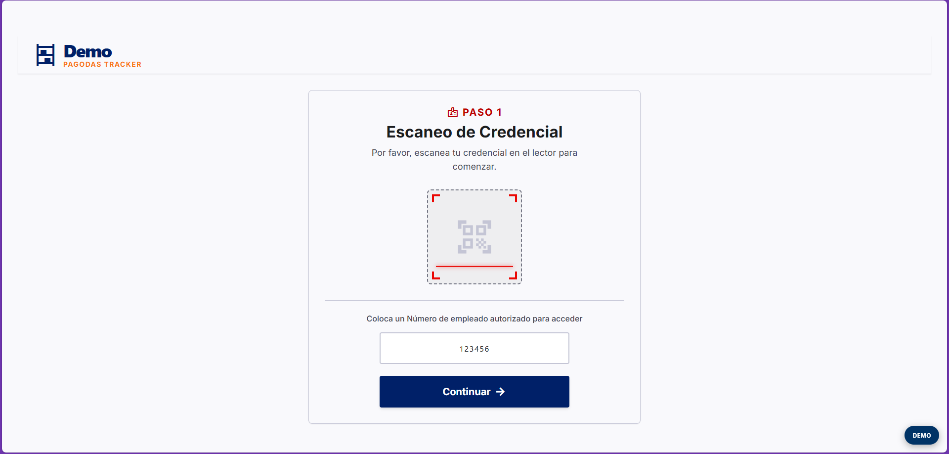 Pantalla de control de acceso de Pagodas Tracker por escaneo de credencial