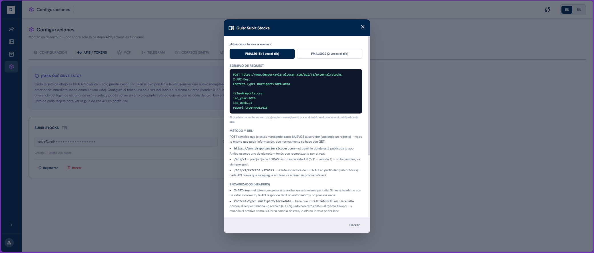 Configuración de API y tokens de Proplan